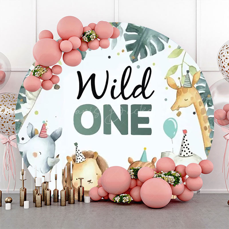 Lofaris Wild One Animals Green Leaves Round Birthday Backdrop