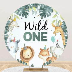 Lofaris Wild One Animals Green Leaves Round Birthday Backdrop