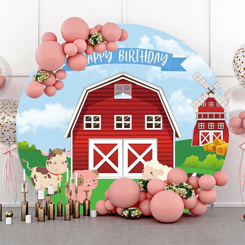 Lofaris Windmill Barn Animals Grass Round Birthday Backdrop