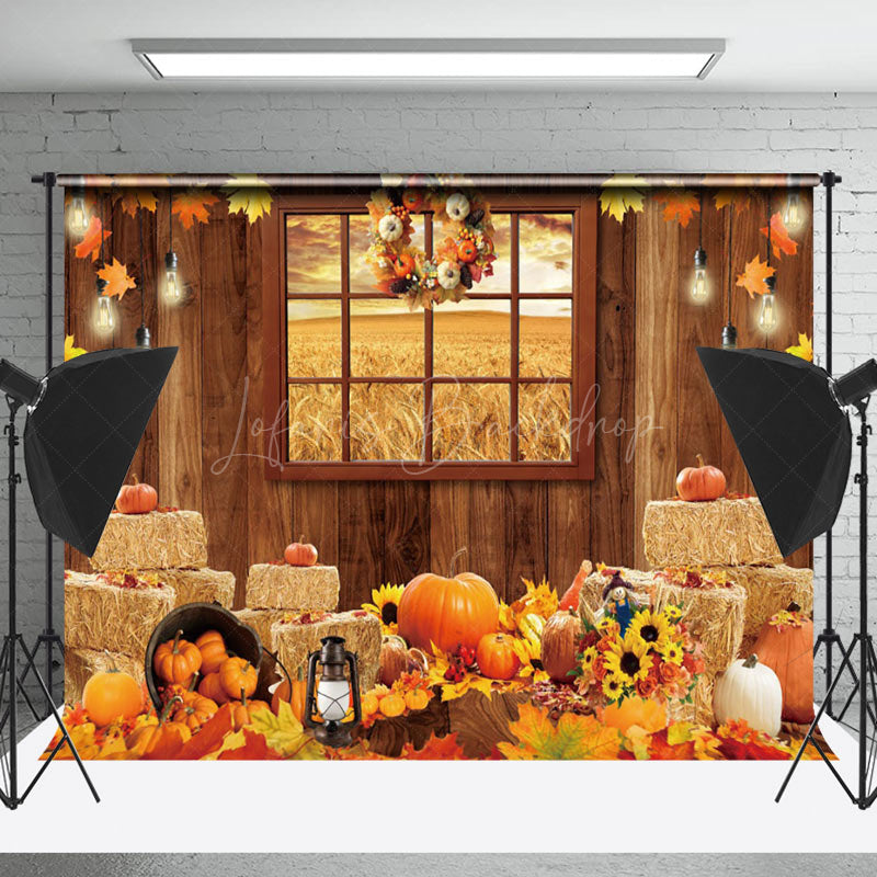 Lofaris Window Wheat Field Autumn Pumpkin Harvest Backdrop