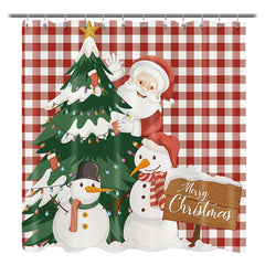 Lofaris Wine Red Check Cedar Santa Christmas Shower Curtain