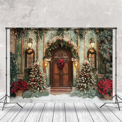 Lofaris Winter Green Wall Brown Door Christmas Photo Backdrop