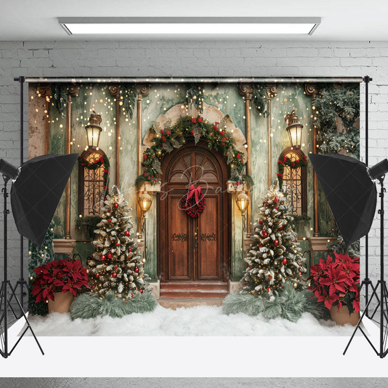 Lofaris Winter Green Wall Brown Door Christmas Photo Backdrop