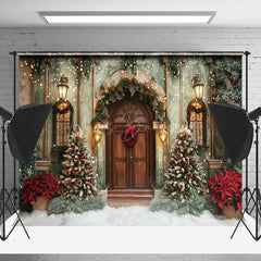 Lofaris Winter Green Wall Brown Door Christmas Photo Backdrop