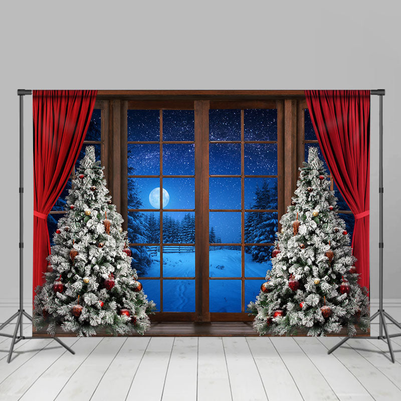 Lofaris Winter Night Christmas Tree Window Curtain Backdrop