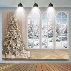 Lofaris Winter Pink Decored Christmas Tree Window Floor Backdrop