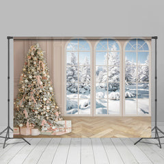 Lofaris Winter Pink Decored Christmas Tree Window Floor Backdrop