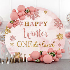 Lofaris Winter Pink Snowflake Round Happy 1st Birthday Backdrop