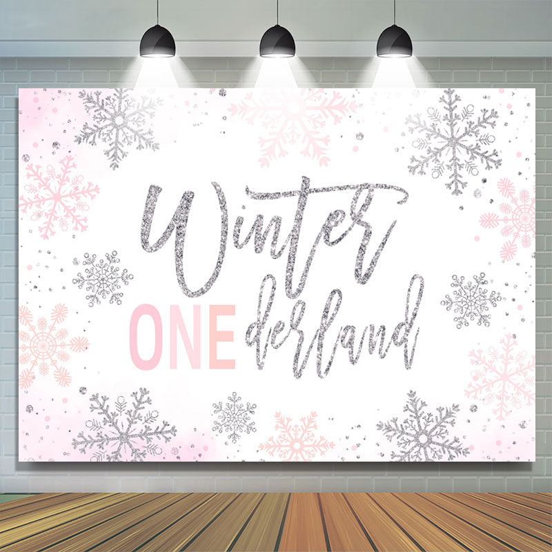 Lofaris Winter Silver Pink Glitter 1St Birthday Backdrop