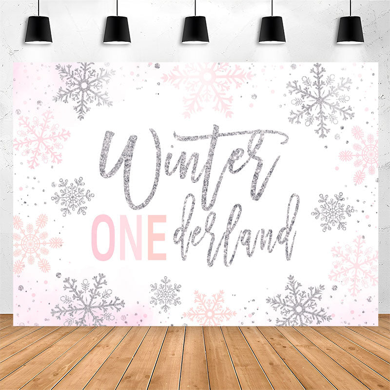 Winter Silver Pink Glitter Pink 1St Birthday Backdrop - Lofaris