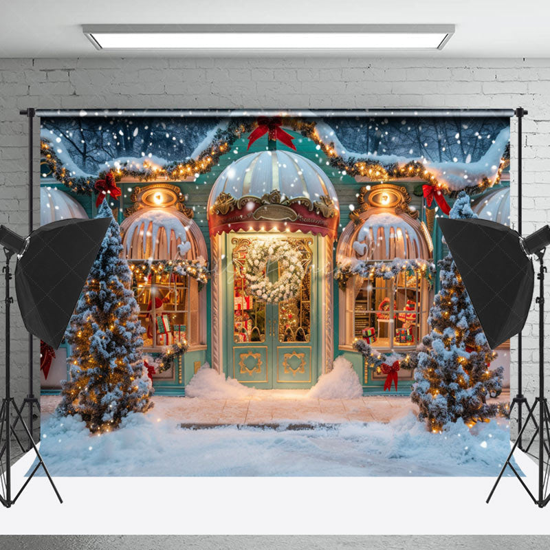 Lofaris Winter Snowy Green Store Trees Christmas Backdrop