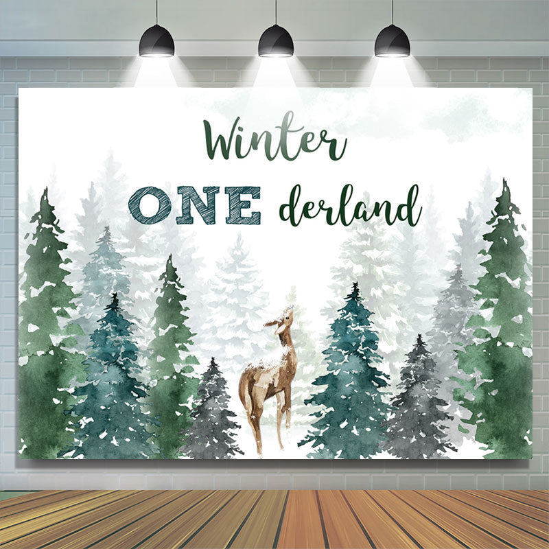 Lofaris Winter Watercolor Pine Forest Deer 1st Birthday Backdrop