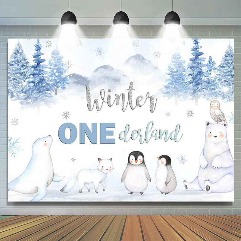 Lofaris Winter White Animals Forest 1st Birthday Backdrop