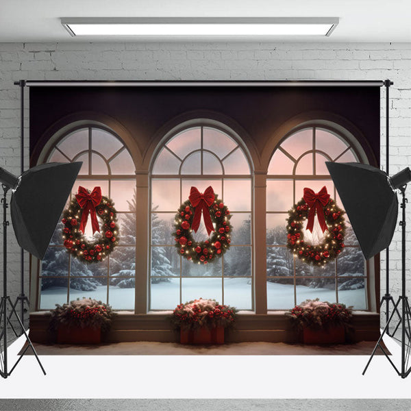 Winter Window Christmas Wreath Bowknot Photo Backdrop - Lofaris