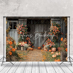 Lofaris Wood Barn Door Floral Pumpkins Autumn Photo Backdrop