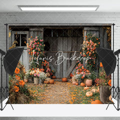 Lofaris Wood Barn Door Floral Pumpkins Autumn Photo Backdrop