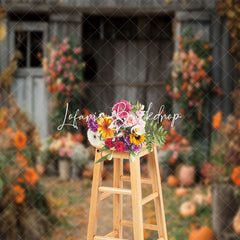 Lofaris Wood Barn Door Floral Pumpkins Autumn Photo Backdrop