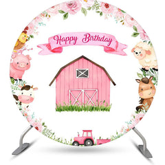 Lofaris Wood Barn Grass Animal Truck Round Birthday Backdrop