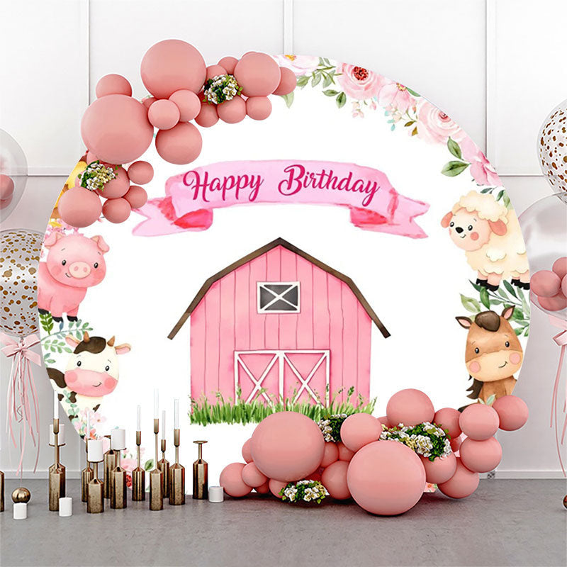 Lofaris Wood Barn Grass Animal Truck Round Birthday Backdrop