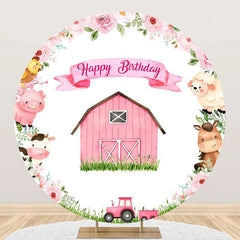 Lofaris Wood Barn Grass Animal Truck Round Birthday Backdrop