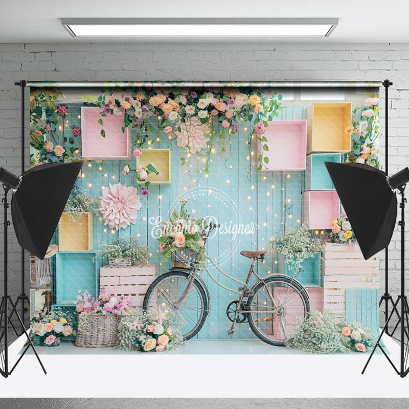 Lofaris Wood Blue Wall Floral Bike Cake Smash Photo Backdrop