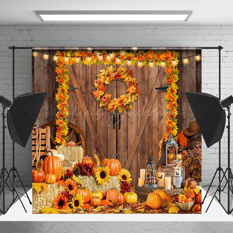 Lofaris Wood Door Autumn Wreath Pumpkin Fall Backdrop