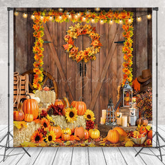 Lofaris Wood Door Autumn Wreath Pumpkin Fall Backdrop