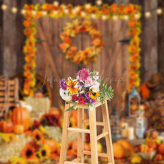 Lofaris Wood Door Autumn Wreath Pumpkin Fall Backdrop