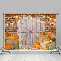Lofaris Wood Door Pumpkin Maple Leaves Light Autumn Backdrop