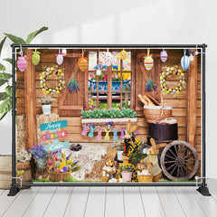 Lofaris Wood Farm Window Floral Eggs Rabbit Easter Backdrop