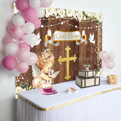 Lofaris Wood Lattice Cross Angel God Bless Baptism Backdrop