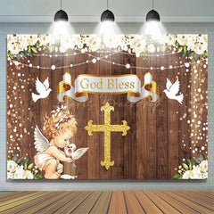 Lofaris Wood Lattice Cross Angel God Bless Baptism Backdrop