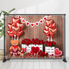 Lofaris Wood Teddy Bear Rose Balloon Valentines Day Backdrop