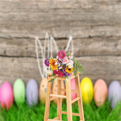 Lofaris Wood Wall Green Grass Eggs Easter Backdrop For Photo