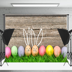 Lofaris Wood Wall Green Grass Eggs Easter Backdrop For Photo