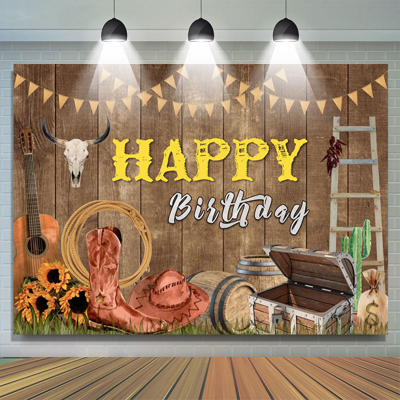 Wood Wall Guitar Western Cowboy Rodeo Birthday Backdrop - Lofaris