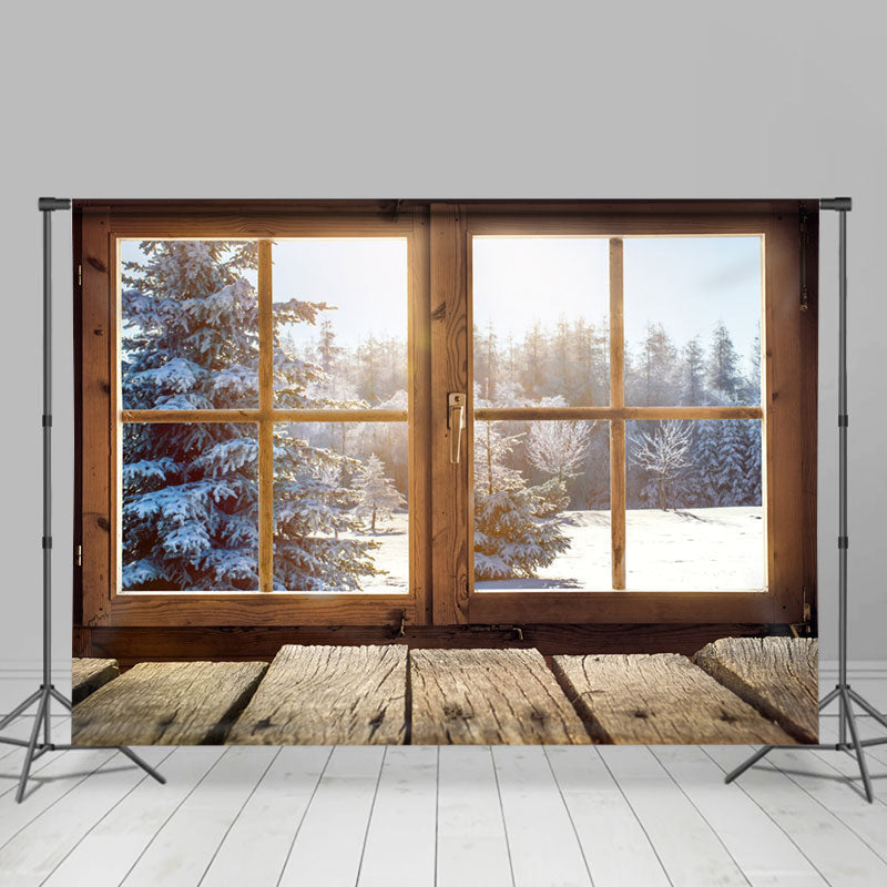 Lofaris Wood Window Snow Pine Christmas Portrait Backdrop