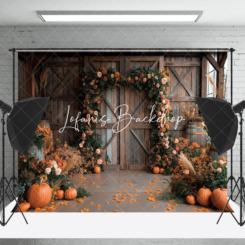 Lofaris Wooden Barn Floral Pumpkins Autumn Photo Backdrop