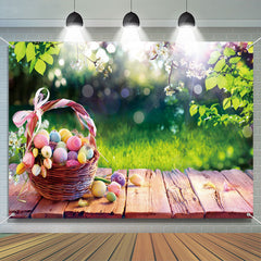 Lofaris Wooden Basket Egg Green Leaves Bokeh Easter Backdrop