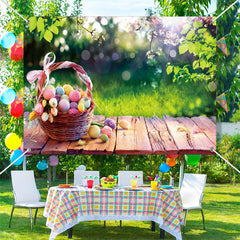 Lofaris Wooden Basket Egg Green Leaves Bokeh Easter Backdrop