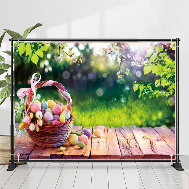 Lofaris Wooden Basket Egg Green Leaves Bokeh Easter Backdrop