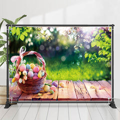 Lofaris Wooden Basket Egg Green Leaves Bokeh Easter Backdrop