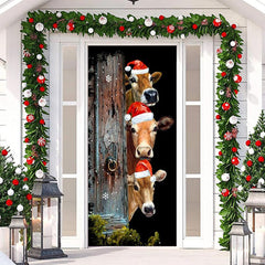 Lofaris Wooden Board Cow Xmas Hat Black Christmas Door Cover