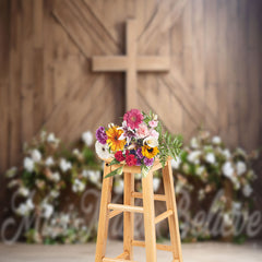 Lofaris Wooden Board Wall Flowers Cross Easter Photo Backdrop