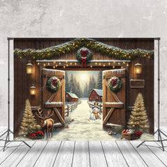 Lofaris Wooden Door Elk Tree Snowy Winter Christmas Backdrop