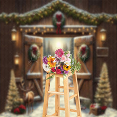 Lofaris Wooden Door Elk Tree Snowy Winter Christmas Backdrop