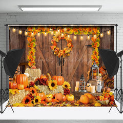 Lofaris Wooden Door Maple Leaf Wreath Pumpkin Autumn Backdrop