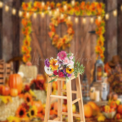 Lofaris Wooden Door Maple Leaf Wreath Pumpkin Autumn Backdrop