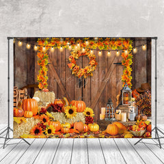 Lofaris Wooden Door Maple Leaf Wreath Pumpkin Autumn Backdrop