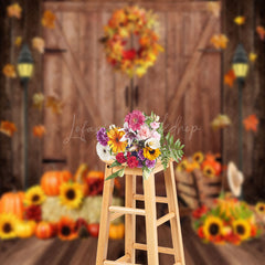 Lofaris Wooden Door Maple Leaves Wreath Pumpkin Autumn Backdrop